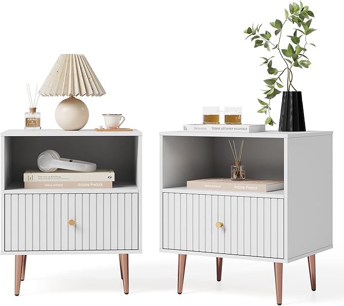 White Night Stand Set 2,Modern Bedside Table with Door and Open Storage,Fluted Nightstand and Wood End Side Table with Rose Gold Metal Legs and Handles for Bedroom,Living Room,White