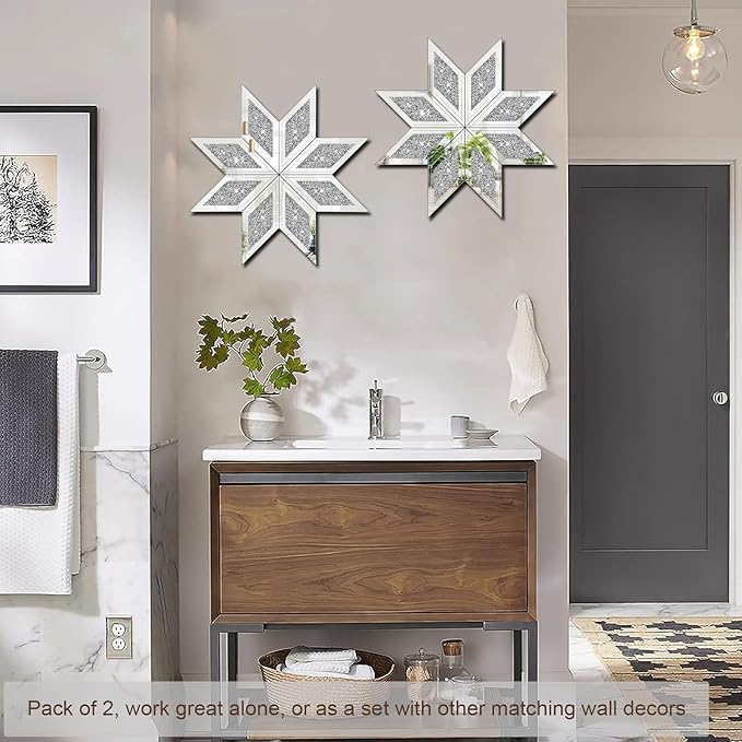 2 Piece Crushed Diamond Decorative Mirror, Silver Crushed Diamond Mirror Decor Wall for Living Room Bedroom Bathroom Office (12X12in, Set of 2, Ready to Hang)