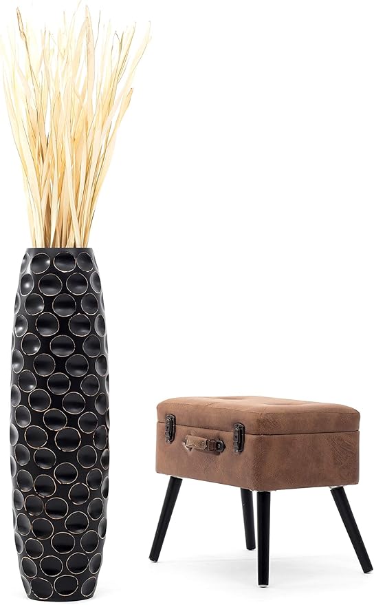 Leewadee Large Black Home Decor Floor Vase – Wooden 36 inches Tall Farmhouse Decor Flower Holder for Fake Plant and Pampas Grass