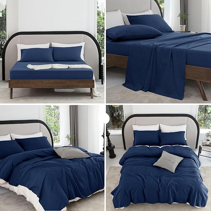 Talasily Linen Sheets- California King Size Sheets Set,Blend from Linen Cotton Bedsheets,All Seasons Soft Breathable 4 Piece Set-Navy Blue