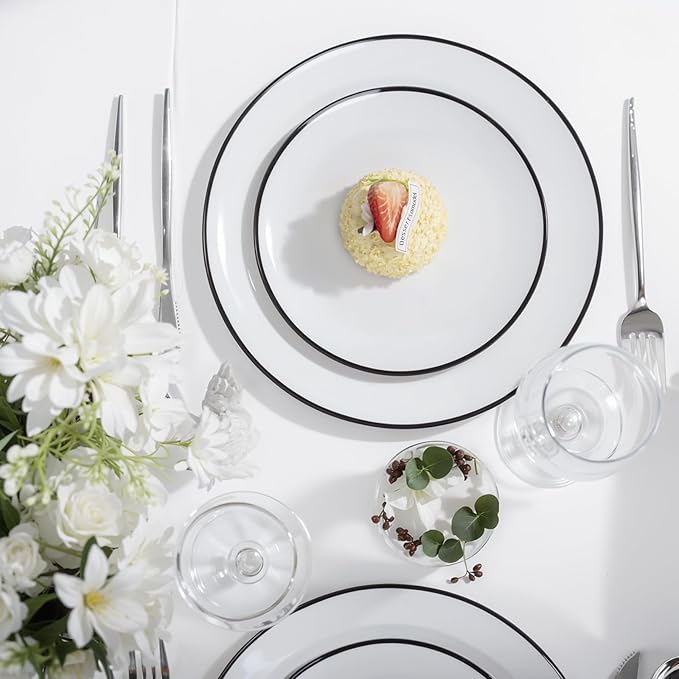 LIYH 120 Pcs White Plastic Plates with Black Rim - Disposable Plates Dishes for Party Wedding Includes 60 Dinner Plate 10.25" 60 Dessert Plate 7.5" for Party Birthdays 60 Guests