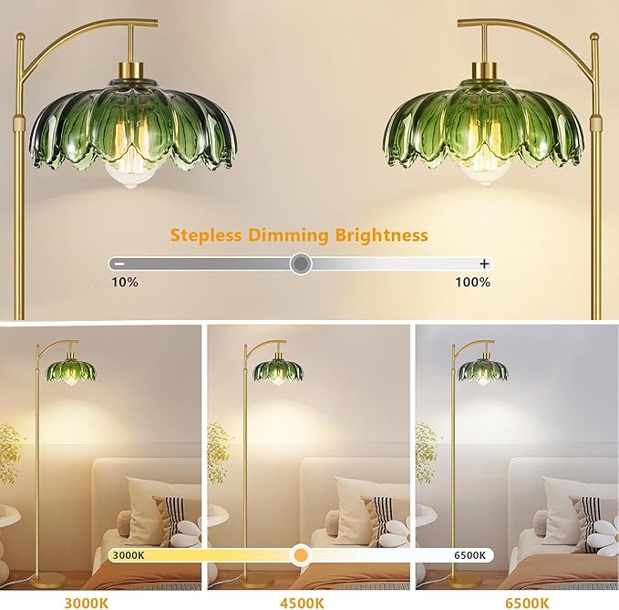Gold Floor Lamps for Living Room Glass Vintage Floor Lamp with Remote Control,Dimmable Mid Century Modern Standing Lamp with 3 Color Temperature Tall Flower Lamp Brass Floor lamp for Bedroom Corner