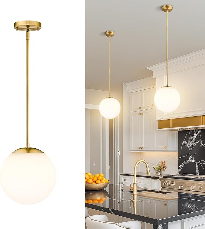 LMS 10 Inch Globe Pendant Lights, Brushed Gold Mid Century Kitchen Island Light Fixtures with White Globe Glass Shade, Adjustable Hanging Rod, Dining Room Kitchen, LMS-186PL-BGW-10