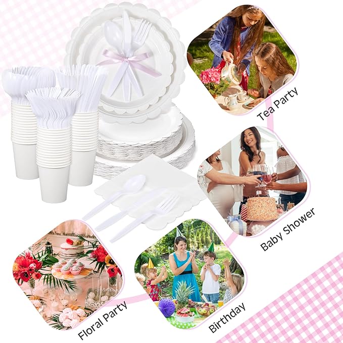 350 Pcs White Plates and Napkins, 50 Guest White Party Supplies Include Scalloped Paper Plates Napkins Cups Plastic Spoons Forks Knives Disposable Tableware Set for Weeding Bridal Baby Shower