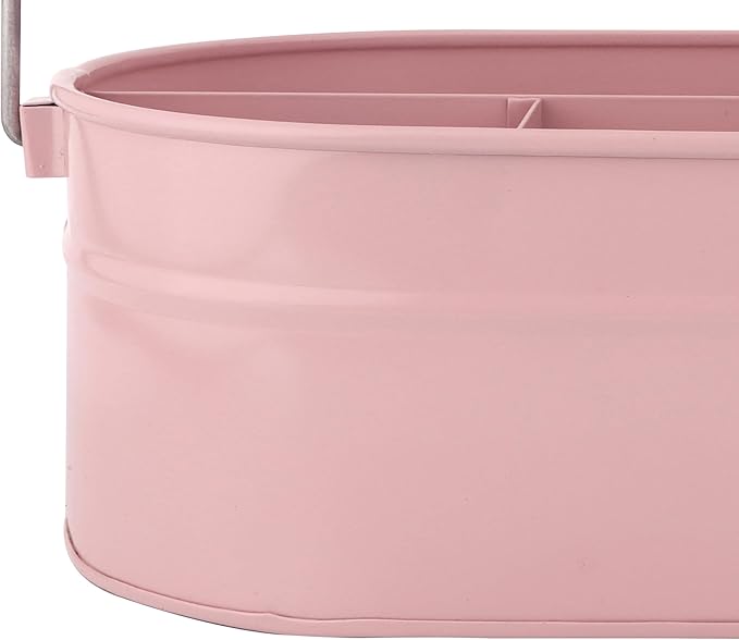 Alpha Living Home Farmhouse Utensil Caddy - 4 Compartment Silverware & Kitchen Organizer with Sturdy Wooden Handle, Heavy Duty Metal Alloy Utensil Holder Durable Powder-Coated Finish (Pink)
