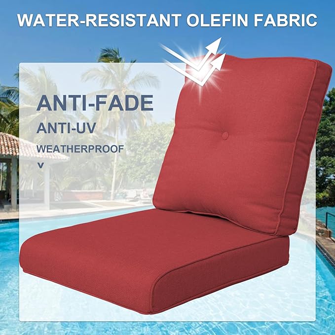 Patio Cushions for Outdoor Furniture - 22×24 Inches High Back and Deep Seating Outdoor Cushion for Patio Chairs Sofa Couch Loveseat Water Resistant(Red/2 Set/Button)