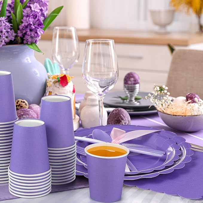 350 Pcs Purple Plates and Napkins, 50 Guest Lavender Party Supplies Include Scalloped Paper Plates Napkins Cups Plastic Spoons Forks Knives Disposable Tableware Set for Baby Shower