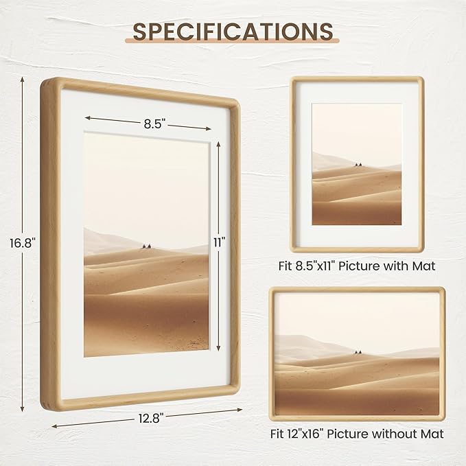 12x16 Picture Frame, Solid Beech Wood Frame with Real Glass, Hard Wood 12 by 16 Photo Frame for Wall & Tabletop Display, Picture Frame Matted to 8.5x11, Natural Beech Color