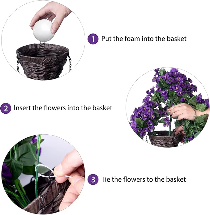 Artificial Fake Flowers Plants Hanging Baskets Outdoor Outside Spring Decor, Faux Silk Purple UV Resistant Look Real Morning Glory Home Patio Porch Balcony Decoration
