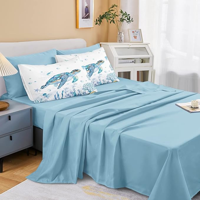 Ocean Themed Bedding Sets 6 Pieces Twin Bed in A Bag Teal Blue Turtle Sea Horse Animal Cartoon Pattern Beach Coastal Bedding Comforter