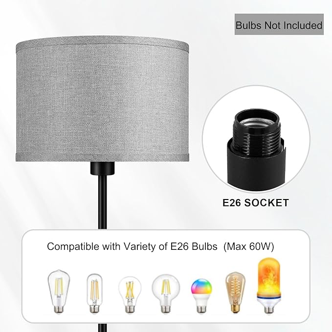 Floor Lamp Standing Lamp, Modern 58" Tall Lamp with Grey Lampshade, Simple Short Floor Lamp for Bedroom, Pedal Switch, Black Small Pole Lamps for Kid Room/Office/Reading Room(E26 Base, NO Bulb)