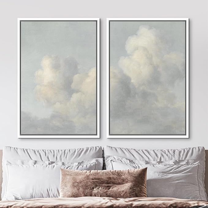MUDECOR Framed Wall Art Print Set Elegant Cloudscape Vintage Soft Sky Illustrations Modern Minimalist Chic for Living Room, Bedroom, Office - 16"x24"x2 White
