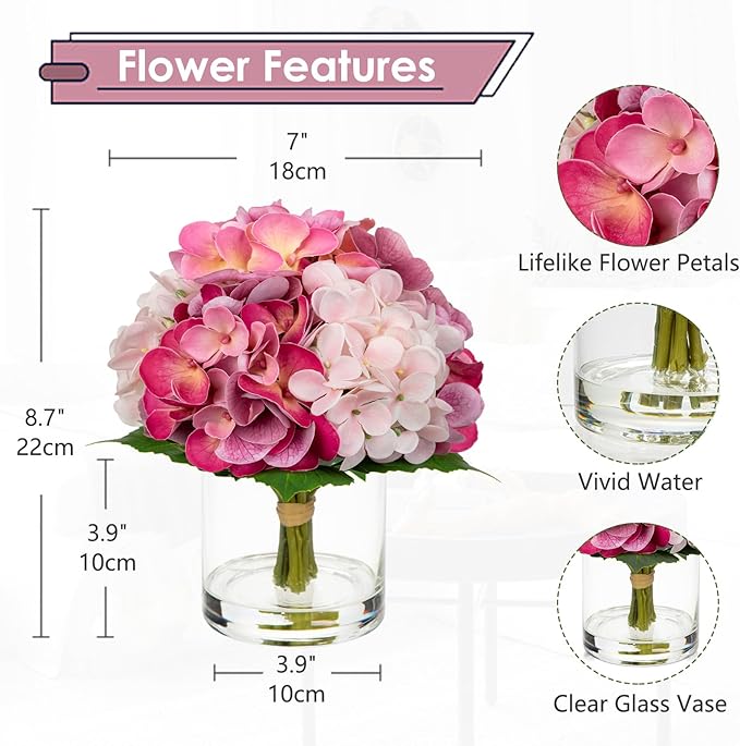 Hollyone Real Touch Pink Hydrangea Artificial Flowers in Vase Latex Small Faux Hydrangea Flowers Arrangements Hydrangeas Fake Flower with Glass Vase with Faux Water for Table Centerpiece Home Decor