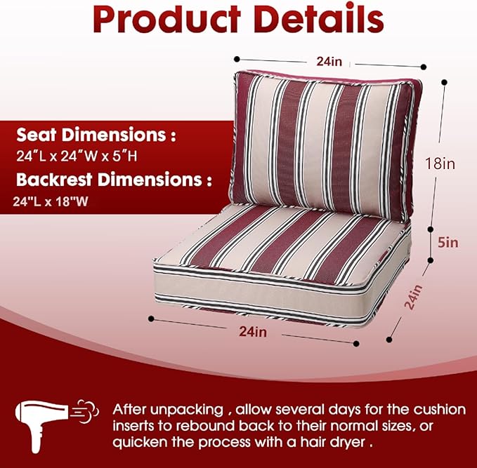 Outdoor Deep Seating Cushion Set, 24" x 24", Waterproof & Fade Resistant Patio Furniture Cushions with Handle, Deep Seat and Back Cushion for Chair and Sofa (1, Red Stripe)