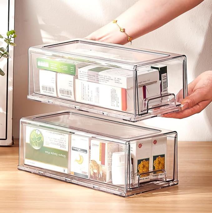 clear Drawer-Type Plastic Storage Box Bins Organizer，Family First Aid Kits Medicine cabinet Box Organizer,Closet ，Shelf，Ointments, Adhesive Bandages，Cosmetics,Office Items (clear, 2M)