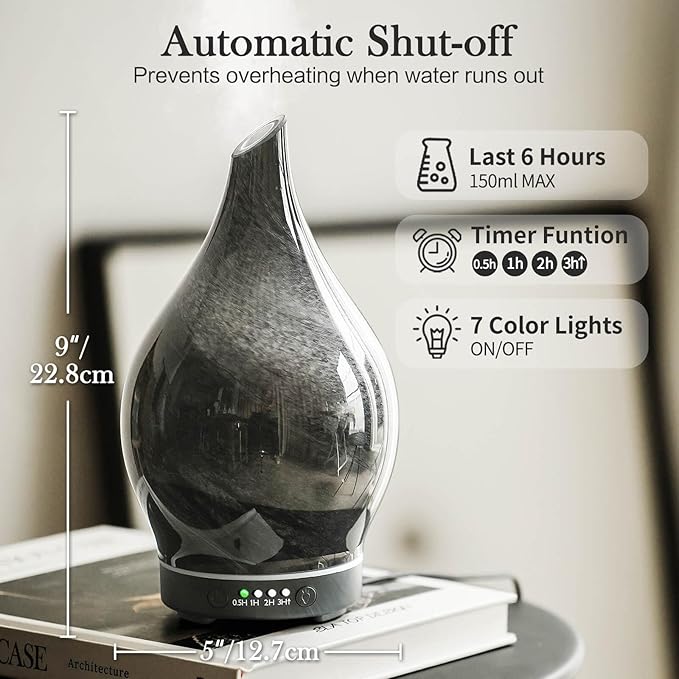 Porseme 150ml Essential Oil Diffuser Glass Color Changing Aroma Air Diffusers Aromatherapy Ultrasonic Cool Mist Humidifier 6 Running Hours Waterless Auto-Off for Sleeping Yoga Office Spa (Obsidian)