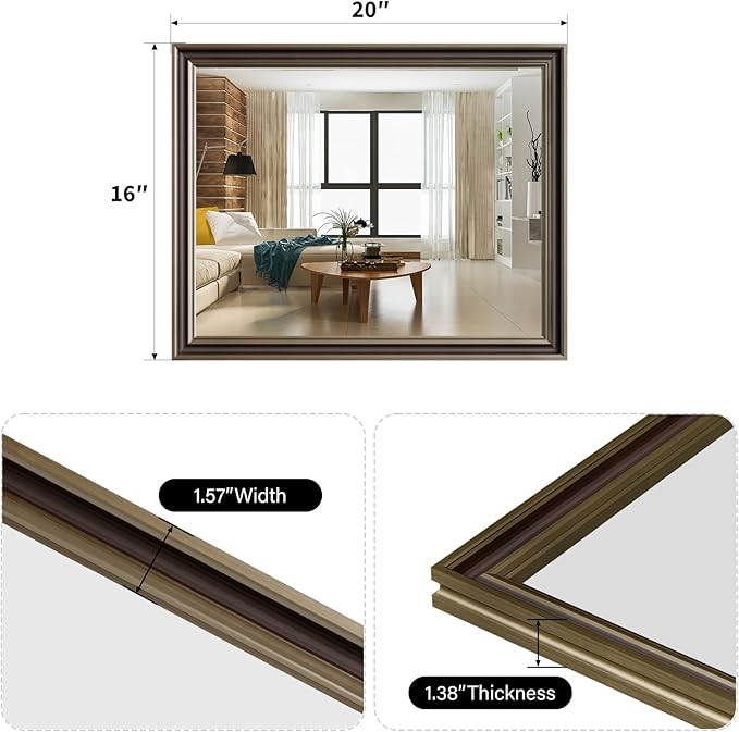 Retro Copper Effect Framed Wall Mirror, 16x20 Rectangle Mirror, 1/8"Anti-desilvering Tempered Glass, Sustainable&Sturdy Frame, Anti-Rust, HD Reflection &3min Fast Setup for Bathroom Living Room