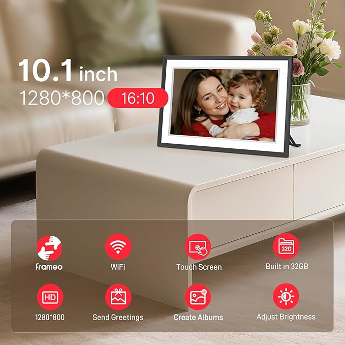 Frameo 10.1" Digital Picture Frame, Smart WiFi Digital Photo Frame with 1280x800 HD IPS Touch Screen 32GB Memory Auto-Rotate Wall Mounted, Share Photos/Videos from Phone Anywhere(Black&White)