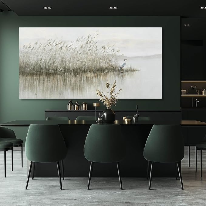 WINKAILIN Grey Pictures Wall Decor Landscape Wall Art Reed and Egret Painting on Canvas Vintage Posters for Room Bedroom Living Room Home Decor 29x58 Inch