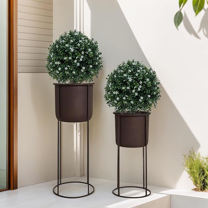 Boxwood Balls Topiary Trees Artificial Outdoor 2 Pack - 25.6in UV Resistant PE Greenery with White Flowers, Sturdy Aluminum Spikes Faux Plants for Patio Garden Porch Decor | Outdoor Artificial Plants