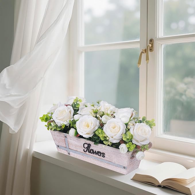 Centerpiece Table Decorations Rustic Wood Tray with 3 Artificial White Rose Flowers and Fake Eucalyptus for Dining Room Farmhouse Living Room Kitchen and Coffee Table Décor