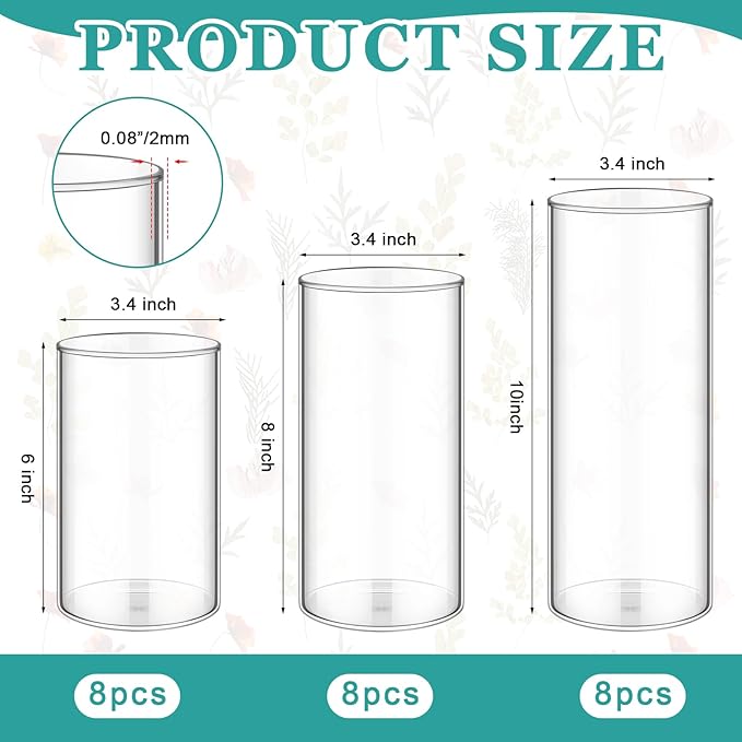 24 Pcs Cylinder Glass Vases Bulk, Tall Clear Flower Vases Transparent Candle Holder for Wedding Table Centerpieces and Home Decoration (6 Inch, 8 Inch, 10 Inch)