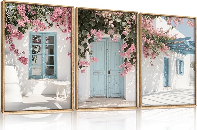HOURIA Greek Island Street Framed Canvas Wall Art Set,Santorini Blue Doors Shutters Wall Decor,Coastal White House Pink Flower Artwork,European Cityscape Art Prints for Living Room, Bedroom-24 x36 x3