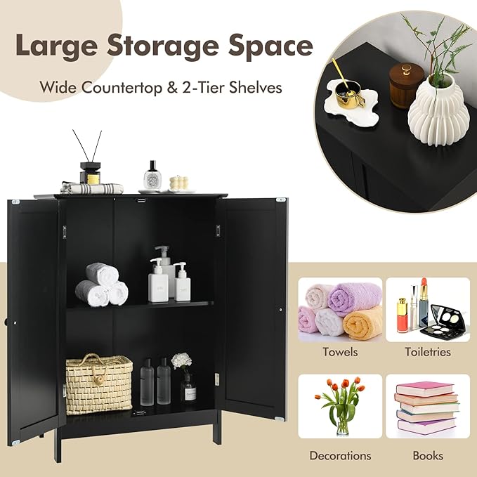 GLACER Bathroom Floor Cabinet, Wooden Storage Cabinet with Double Doors, Suitable for Bathroom, Living Room, Entryway, 23.5 x 14 x 34 inches (Black)
