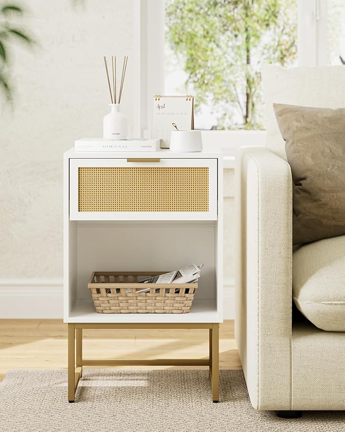 Masupu Rattan Nightstand,Modern Night Stand Boho Farmhouse Wood Bedside Table with Storage Drawer Side End Table for Bedroom,Living Room,Office,White