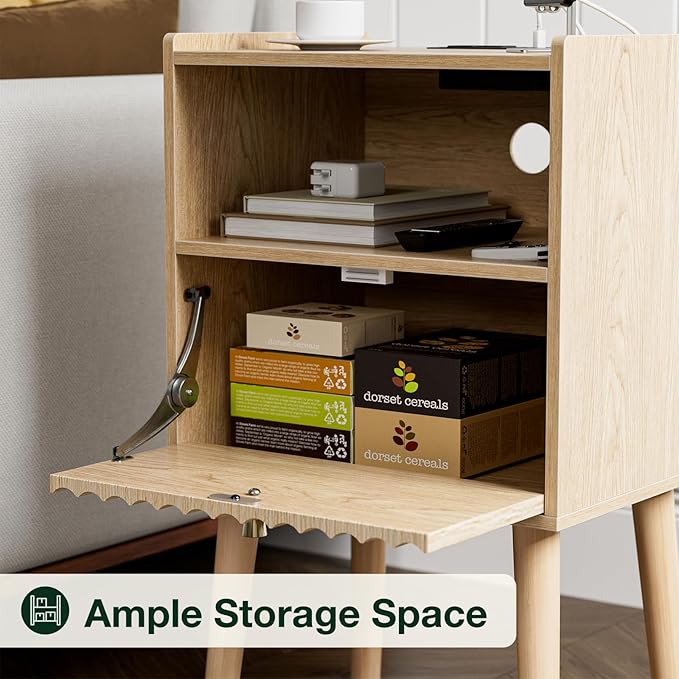 Side Table with Charging Station, Modern End Table with Fluted Drawer, Bedside Table, Night Stand with 2 Tiers Storage Space, for Bedroom, Living Room, Oak