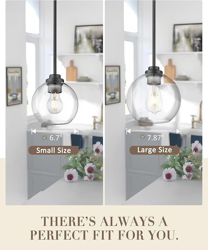 8 inch Matte Black Pendant Light, Mid Century Globe Haning Light Fixture Ceiling with Clear Glass for Kitchen Island Dining Room Bedroom Hallway Foyer (1 Pack), PL101BK-L