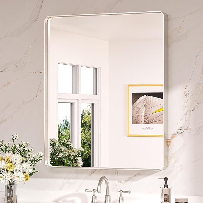 Keonjinn 30 x 36 Brushed Nickel Bathroom Mirrors for Over Sink, Rounded Rectangle Bathroom Vanity Mirror, Brushed Silver Framed Farmhouse Mirror, HD Tempered Glass Wall Mirror(Horizontal/Vertical)