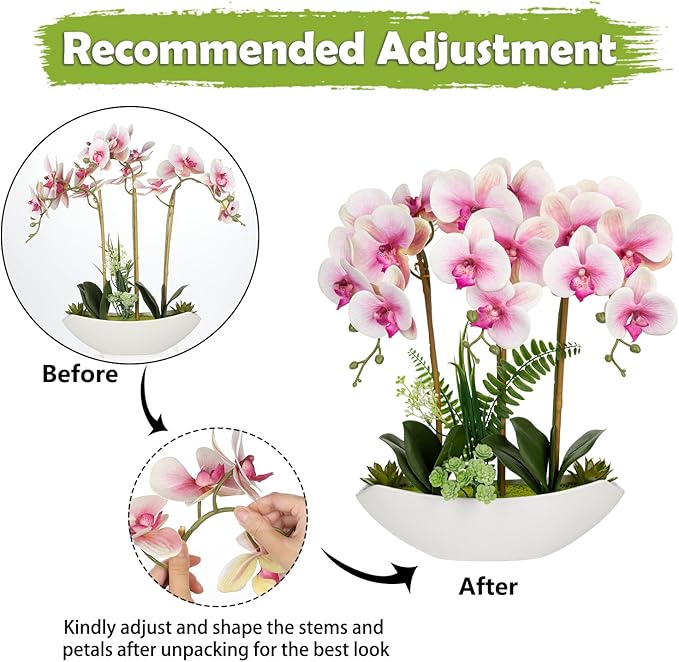 Briful Pink Orchid Artificial Flowers 18in Fake Orchid Silk Flowers with Ceramic Pot Faux Orchid Arrangement for Home Office Room Table Shelf Modern Decoration