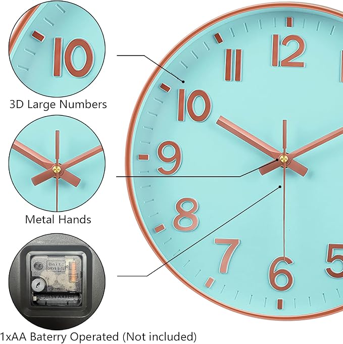 Modern Wall Clock, 10 Inch Digital Wall Clocks Battery Operated, Round Non Ticking Silent Analog Clock for Bedroom Living Room Kitchen Office Gym Classroom Decor, Blue Battery Clock