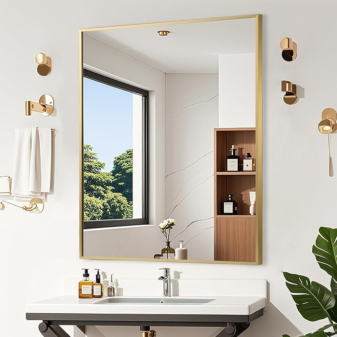 Gold Bathroom Mirror, 30"x36" Rectangle Mirror, Brushed Gold Mirror, Metal Frame Square Corner Vanity Mirror, Wall Mounted Mirror for Modern, Living Room, Bedroom, Horizontal Or Vertical