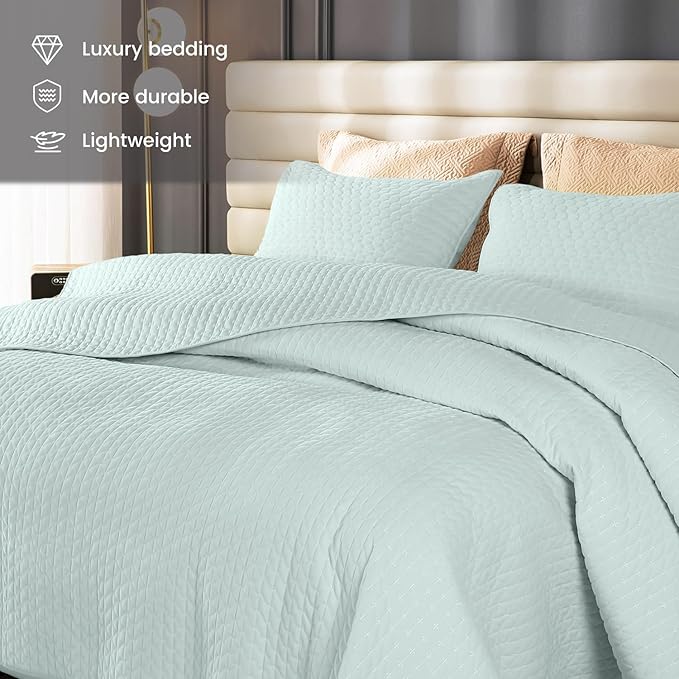Velvet Quilt Queen Size, Luxurious Quilted Bedspread Bedding Set, Ultra Soft Cozy Coverlet with Brushed Back, Lightweight Reversible Comforter for All Season, Pale Blue