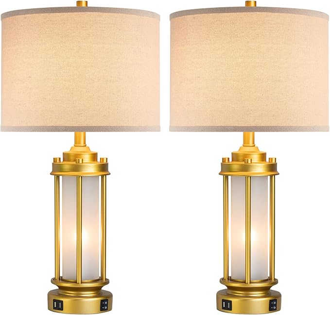 Modern Bedroom Table Lamps Set of 2, Farmhouse Vintage Bedside Lamp with 2 USB Ports, Gold Nightstand Desk Lamps with Glass Nightlight for Living Room Entryway Dresser, 4 Bulbs Included