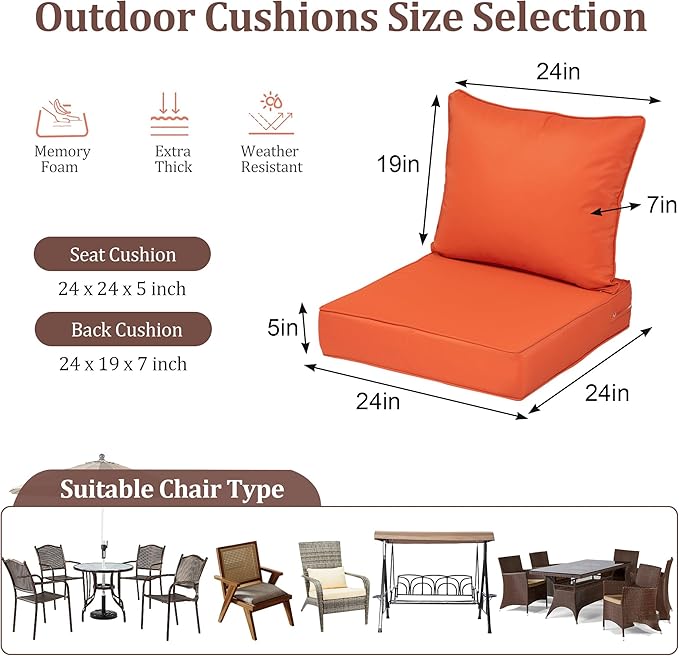 Waterproof Outdoor Chair Cushion Set of 4, 24x24x5 IN Deep Seat Patio Cushions with Fade Resistant Removable Cover,Outdoor Cushions for Patio Furniture with Ties&Handle for Chair Sofa Couch,Orange