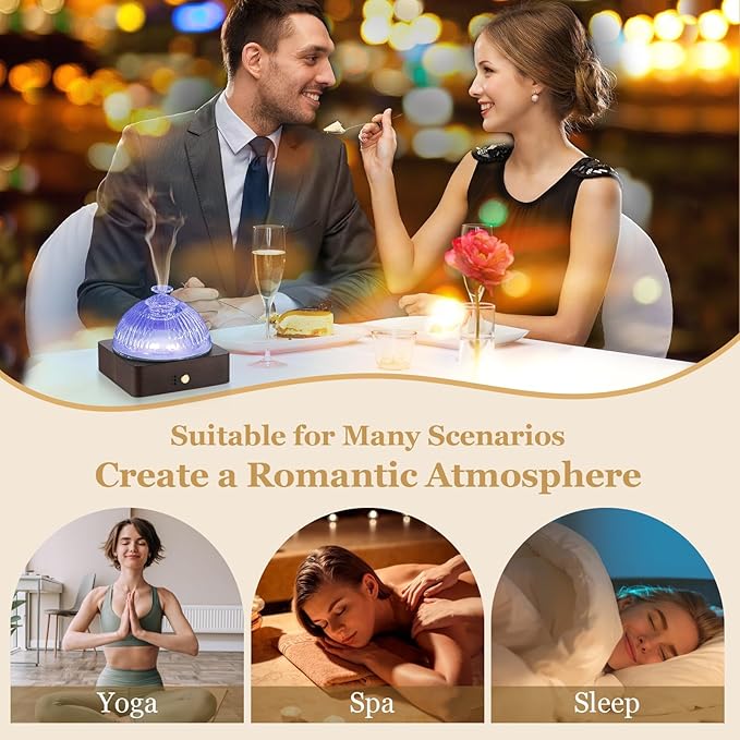 Glass Essential Oil Diffuser with Glass Reservoir & Wood Base, 200ml Ultrasonic Lock Color Timer Auto-Off 7 Color Light Aroma Glass Dome Diffuser for Home Office Bedroom Yoga - Dark Brown