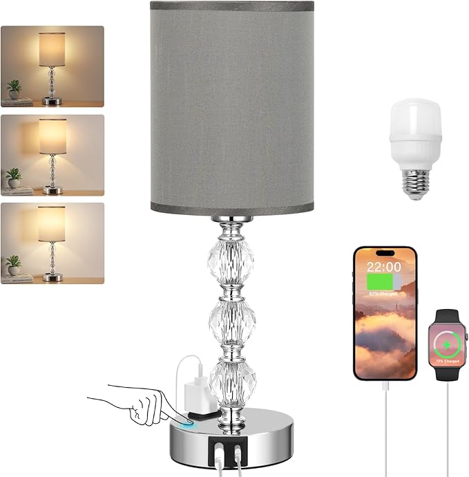 Grey Touch Bedside Lamps for Bedrooms - Crystal Table Lamp with USB C+A Charging Port and AC Outlet Nightstand, 3 Way Dimmable Silver Small End Side Table Lamp for Living/Guest/Dinning Room/Kitchen