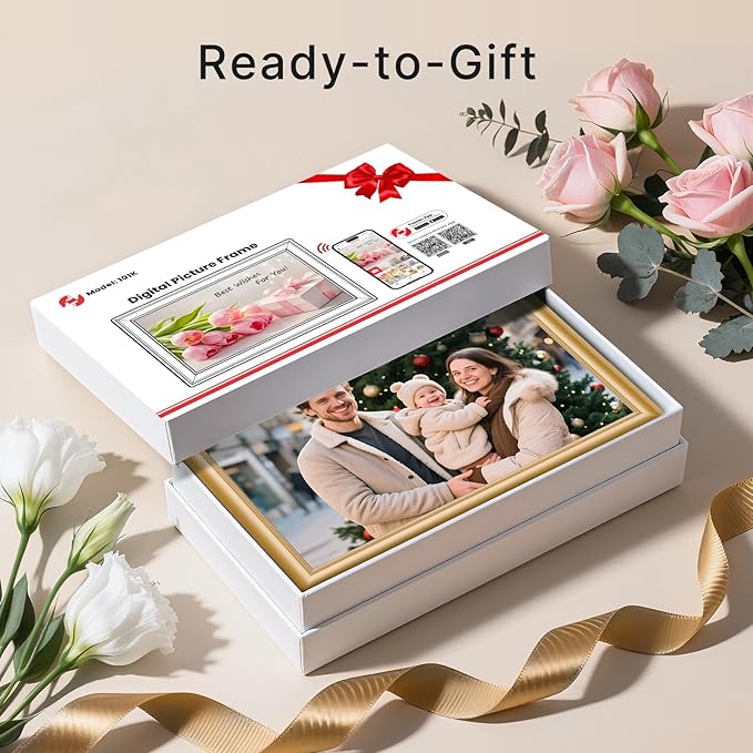 Frameo 10.1 Inch WiFi Digital Picture Frame, 1280x800 HD IPS Touch Screen Photo Frame Electronic, 32GB Storage, Auto-Rotate, Wall Mounted, Share Photos/Videos Instantly from Anywhere - Gold