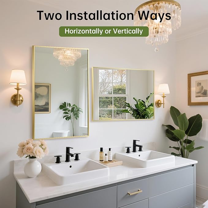 FARMER 24x36 Inch Gold Bathroom Mirror, Rectangle Wall Mounted Mirror, Vanity Mirror, Brushed Square Mirror, Framed Bathroom Mirror for Bedrooms, Entryways, Living Rooms, Horizontal/Vertical