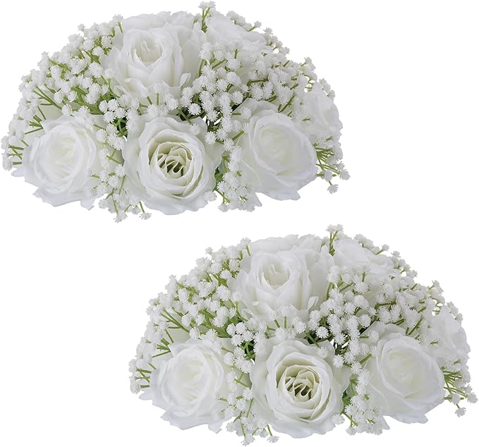 NUPTIO Baby Breath Flower Balls: 2 Pcs 8.6 inch Diameter White Artificial Rose Fake Arrangement Bouquet Wedding Centerpieces Event Party Tables Decorations