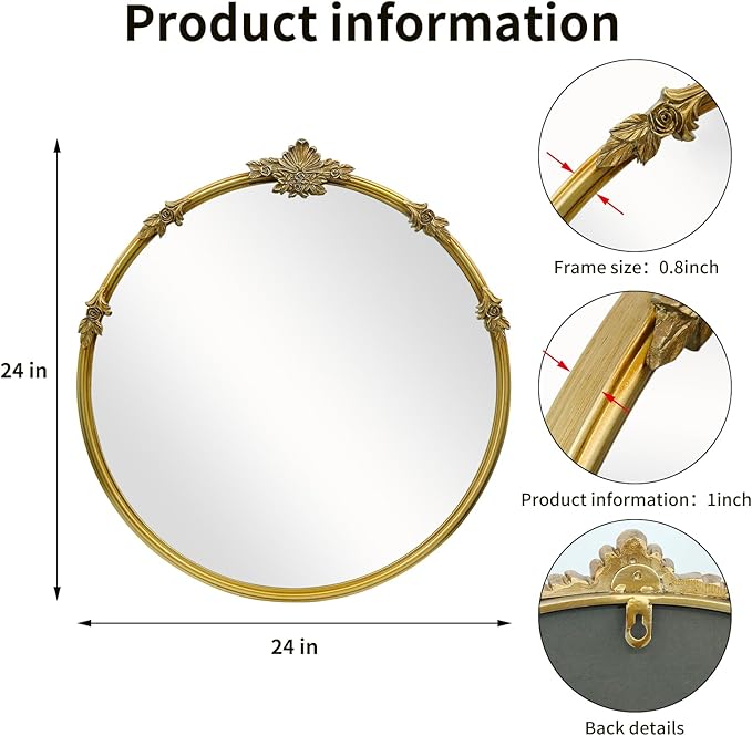 Gold Round Mirror - Baroque Style Ornate 24 Inch Mirror Suitable for Home Decoration, Bedroom, Living Room Wall Art, Retro Luxury Metal Frame Design