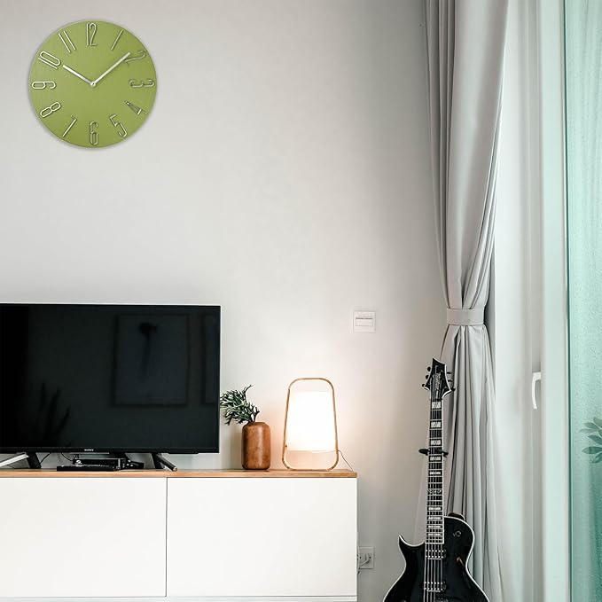 12 Inch Wall Clock Silent Non Ticking, Preciser Modern Style Decor Clock for Home, Office, School, Kitchen, Bedroom, Living Room（Yellow Green）
