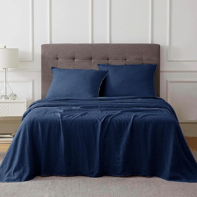 Talasily Linen Sheets- California King Size Sheets Set,Blend from Linen Cotton Bedsheets,All Seasons Soft Breathable 4 Piece Set-Navy Blue