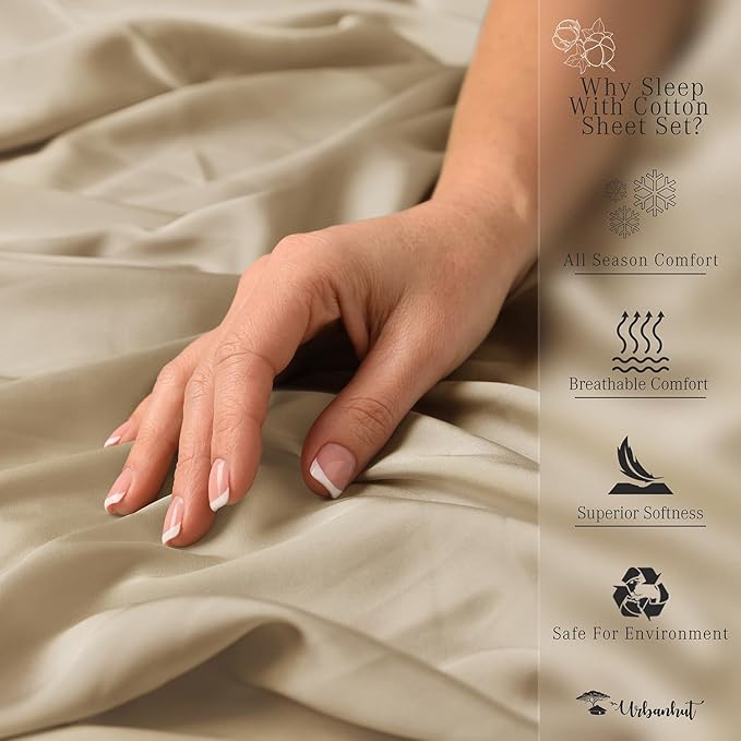 URBANHUT 700 Thread Count Egyptian Cotton Sheets King Size, 4Pc Bed Sheet Set Soft Luxury Bed Sheets for King Size Bed, Sateen Weave Hotel Sheets, 16'' Elasticized Deep Pocket - Sand