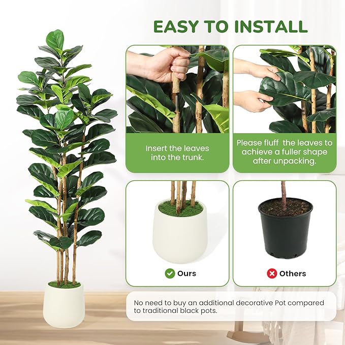 GarveeHome 6FT Faux Fiddle Leaf Fig Tree with White Pot, Faux Trees with Artificial Plants 74 Fiddle Leaves Greenery - Lifelike Fake Tree for Home Office Store Room Decor Indoor Outdoor