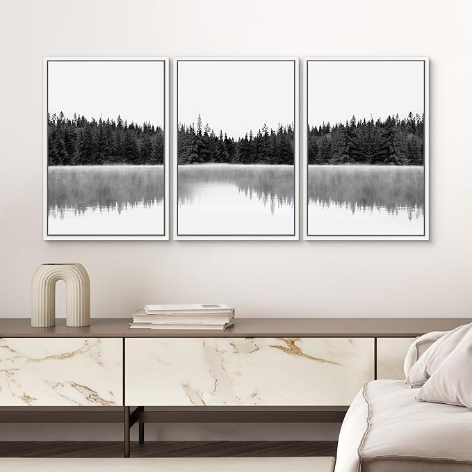 SIGNWIN 3 Piece Framed Canvas Wall Art Woodland Nursery Decor Black and White Forest with Lake Nature Abstract Traditional Home Artwork Decoration for Living Room,Bedroom - 24"x36"x3 White