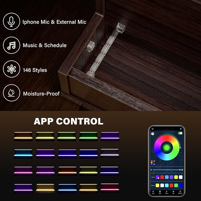 LED Lighted Bar Liquor Shelves, 20 Inch Bar Bottle Display Shelf with App & Remote Control, 2 Tier for Home Bar, Party, Walnut